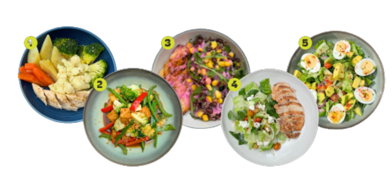 Five meals numbered to match the menu below